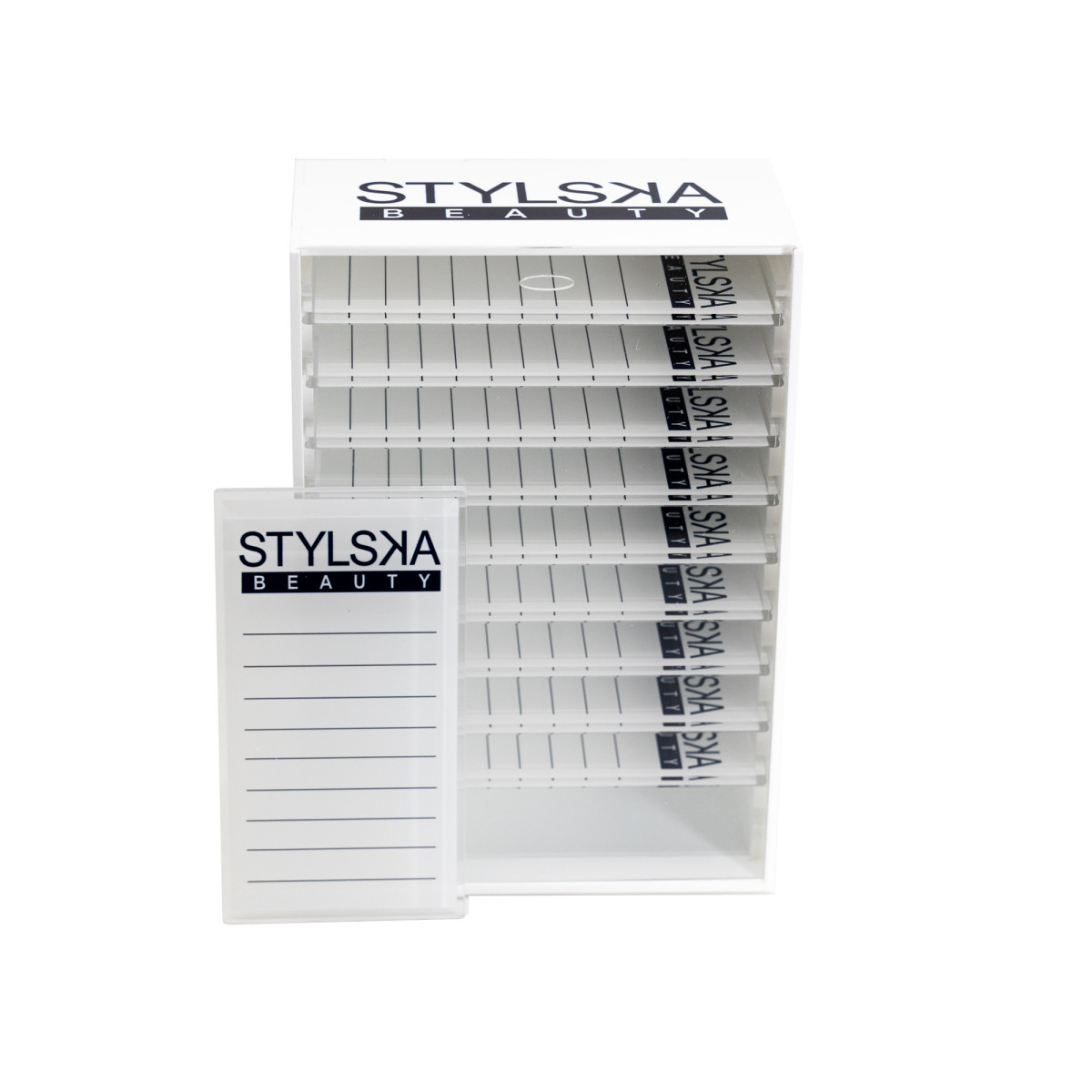 Lashbox z Twoim Logo + 10 szklanych holderów - kolor biały